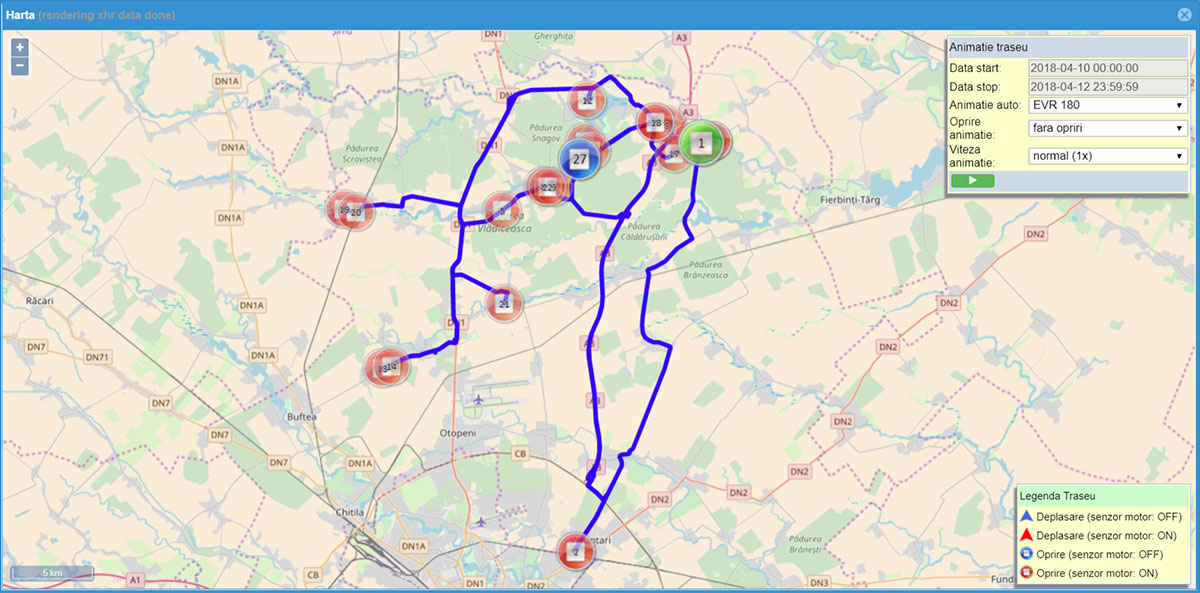 Screenshot din aplicatia Digi Cartracs cu o harta a traseului care evidentiaza punctele de stationare.